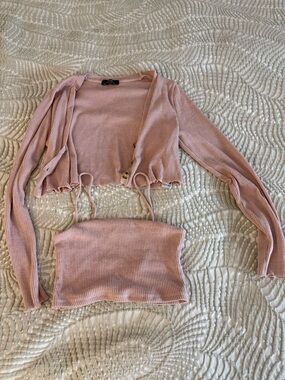 Bershka Blush Ribbed Knit Tube Top & Crop Cardigan Set